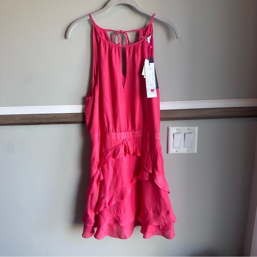 Parker Pixie Ruffle A-Line Silk Blend Dress, Calypso Coral Pink